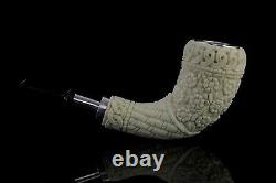 925 Silver ORNATE Horn Pipe By YUNAR New Block Meerschaum Handmade Case#1573