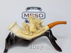 Antique Block Meerschaum Tobacco Pipe Cheroot Of Three Cubs Playing, Amber Stem