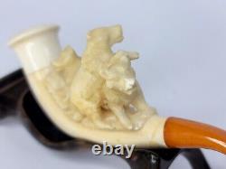 Antique Block Meerschaum Tobacco Pipe Cheroot Of Three Cubs Playing, Amber Stem