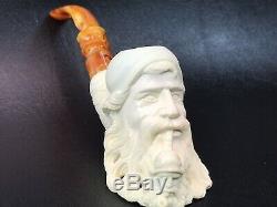 Baglan Old Man Smoking Himself Pipe New Block Meerschaum W Case+Stand#947