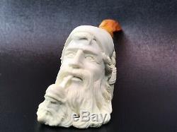 Baglan Old Man Smoking Himself Pipe New Block Meerschaum W Case+Stand#947