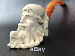 Baglan Old Man Smoking Himself Pipe New Block Meerschaum W Case+Stand#947