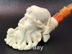 Baglan Old Man Smoking Himself Pipe New Block Meerschaum W Case+Stand#947