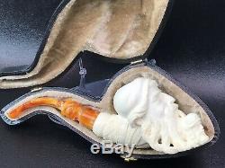 Baglan Old Man Smoking Himself Pipe New Block Meerschaum W Case+Stand#947