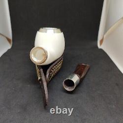 Bent Apple Shape, Silver Spigot + Cap, Block Meerschaum, Smoking Pipe, Hand Made