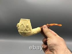 Bent Egg Pipe Masonic Emblems & Skulls New Block Meerschaum Handmade Case#1095