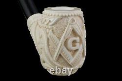 Bent Pipe W Masonic Emblems BLOCK MEERSCHAUM-NEW-HANDCARVED W Case#879