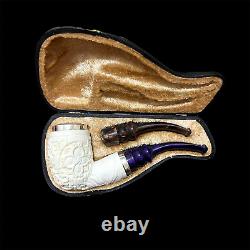 Block Meerschaum Pipe 925 silver unsmoked smoking tobacco pipe w case MD-348