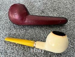 Block Meerschaum Pipe Straight Amber Stem Cased Austria Tobacciana ESTATE FIND