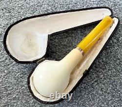 Block Meerschaum Pipe Straight Amber Stem Cased Austria Tobacciana ESTATE FIND