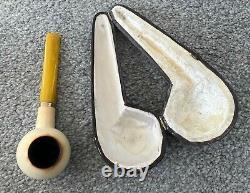 Block Meerschaum Pipe Straight Amber Stem Cased Austria Tobacciana ESTATE FIND