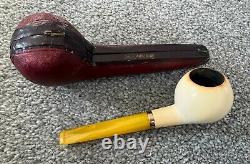 Block Meerschaum Pipe Straight Amber Stem Cased Austria Tobacciana ESTATE FIND