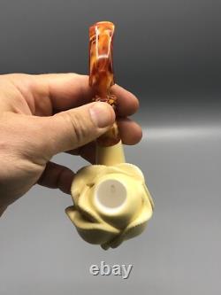 Blooming Rose Figure Smoking Pipe, block Meerschaum New Handmade Custom Case#1141
