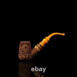 Brandy Pipe W Masonic Emblems By EGE BLOCK MEERSCHAUM-NEW-HANDCARVED W Case#426