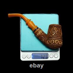 Brandy Pipe W Masonic Emblems By EGE BLOCK MEERSCHAUM-NEW-HANDCARVED W Case#426