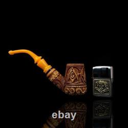 Brandy Pipe W Masonic Emblems By EGE BLOCK MEERSCHAUM-NEW-HANDCARVED W Case#426