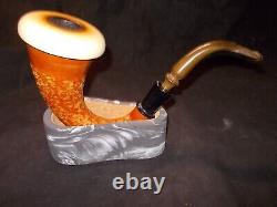 CALABASH PIPE BLOCK MEERSCHAUM BOWLCARVED GOURD BODY WithSTAND -CALA26