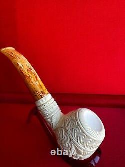 Contrast Meerschaum Hand Carved Pipe, Vintage Block Meerschaum with Leather Box