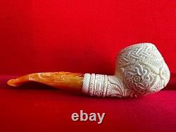 Contrast Meerschaum Hand Carved Pipe, Vintage Block Meerschaum with Leather Box