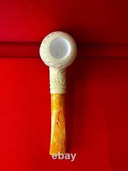 Contrast Meerschaum Hand Carved Pipe, Vintage Block Meerschaum with Leather Box