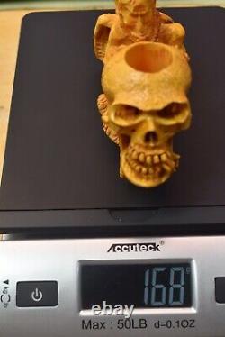 Devil Eating Skulls Brain Pipe BY SADIK YANIK Block Meerschaum-NEW W CASE#1344