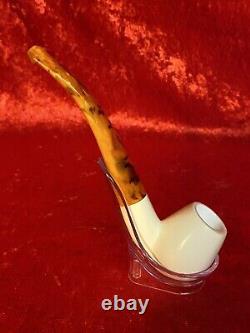 Dülger Hand Carved Block Meerschaum Tobacco Smoking Bent Pipe Amber Stem + Case