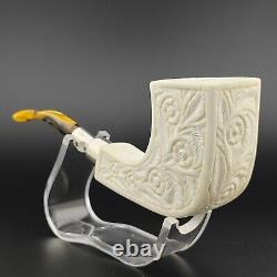Floral Horn Silver Spigot Block Meerschaum Pipe, With Case, UMP, 925 Silver