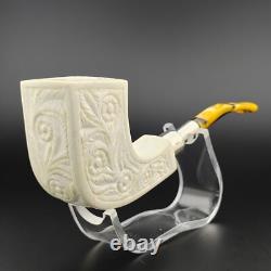 Floral Horn Silver Spigot Block Meerschaum Pipe, With Case, UMP, 925 Silver
