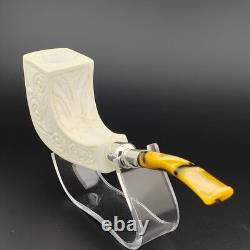 Floral Horn Silver Spigot Block Meerschaum Pipe, With Case, UMP, 925 Silver
