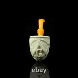 Freehand Pipe Masonic Emblem BLOCK MEERSCHAUM-NEW-HANDCARVED W Case#337
