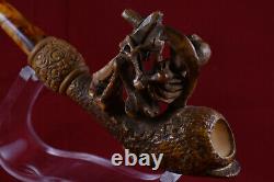 Hand Carved Brown Skull Figure Horn Pipe, Unsmoked Pipe, Block Meerschaum