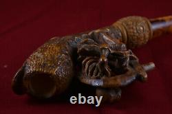 Hand Carved Brown Skull Figure Horn Pipe, Unsmoked Pipe, Block Meerschaum