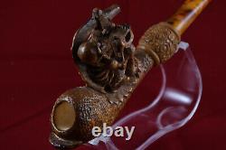 Hand Carved Brown Skull Figure Horn Pipe, Unsmoked Pipe, Block Meerschaum