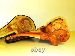 Hand Carved Rose In Hand Pfeife Block Meerschaum Tobacco Pipe In FItted Case