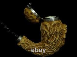 Horse withHair & Seaweed Block Meerschaum Pipe 925 Sterling Silver Bands Huge 0024