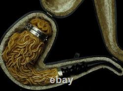 Horse withHair & Seaweed Block Meerschaum Pipe 925 Sterling Silver Bands Huge 0024