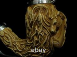 Horse withHair & Seaweed Block Meerschaum Pipe 925 Sterling Silver Bands Huge 0024