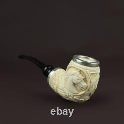 Horses Embossed Pipe, block Meerschaum New Handmade Reverse Calabash Case#552