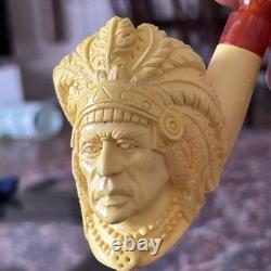 Indian Chief Pipe By Erdogan Ege Block Meerschaum Handmade NEW Custom Case#1303