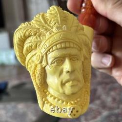 Indian Chief Pipe By Erdogan Ege Block Meerschaum Handmade NEW Custom Case#1303