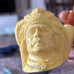 Indian Chief Pipe By Erdogan Ege Block Meerschaum Handmade NEW Custom Case#1303
