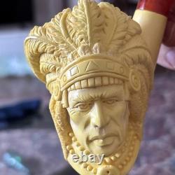 Indian Chief Pipe By Erdogan Ege Block Meerschaum Handmade NEW Custom Case#1303