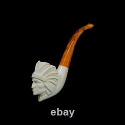 Indian head Block Meerschaum Pipe hand carved smoking tobacco w case MD-217