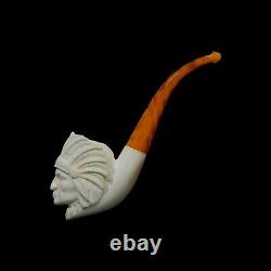 Indian head Block Meerschaum Pipe hand carved smoking tobacco w case MD-217