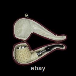 Intricate Apple Pipe Silver Spigot Stem block Meerschaum Handmade W Case#548