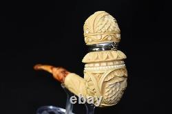 L Ornate Calabash Pipe W Wind Cap BLOCK MEERSCHAUM-NEW-HAND CARVED W Case#485