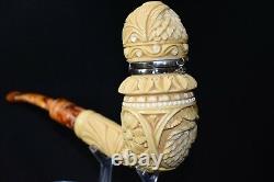 L Ornate Calabash Pipe W Wind Cap BLOCK MEERSCHAUM-NEW-HAND CARVED W Case#485