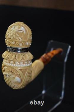 L Ornate Calabash Pipe W Wind Cap BLOCK MEERSCHAUM-NEW-HAND CARVED W Case#485