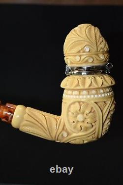 L Ornate Calabash Pipe W Wind Cap BLOCK MEERSCHAUM-NEW-HAND CARVED W Case#485