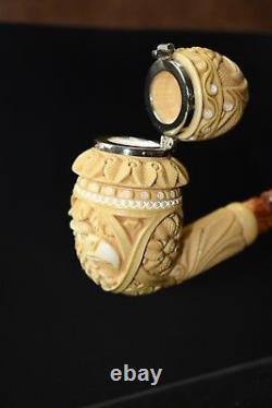 L Ornate Calabash Pipe W Wind Cap BLOCK MEERSCHAUM-NEW-HAND CARVED W Case#485